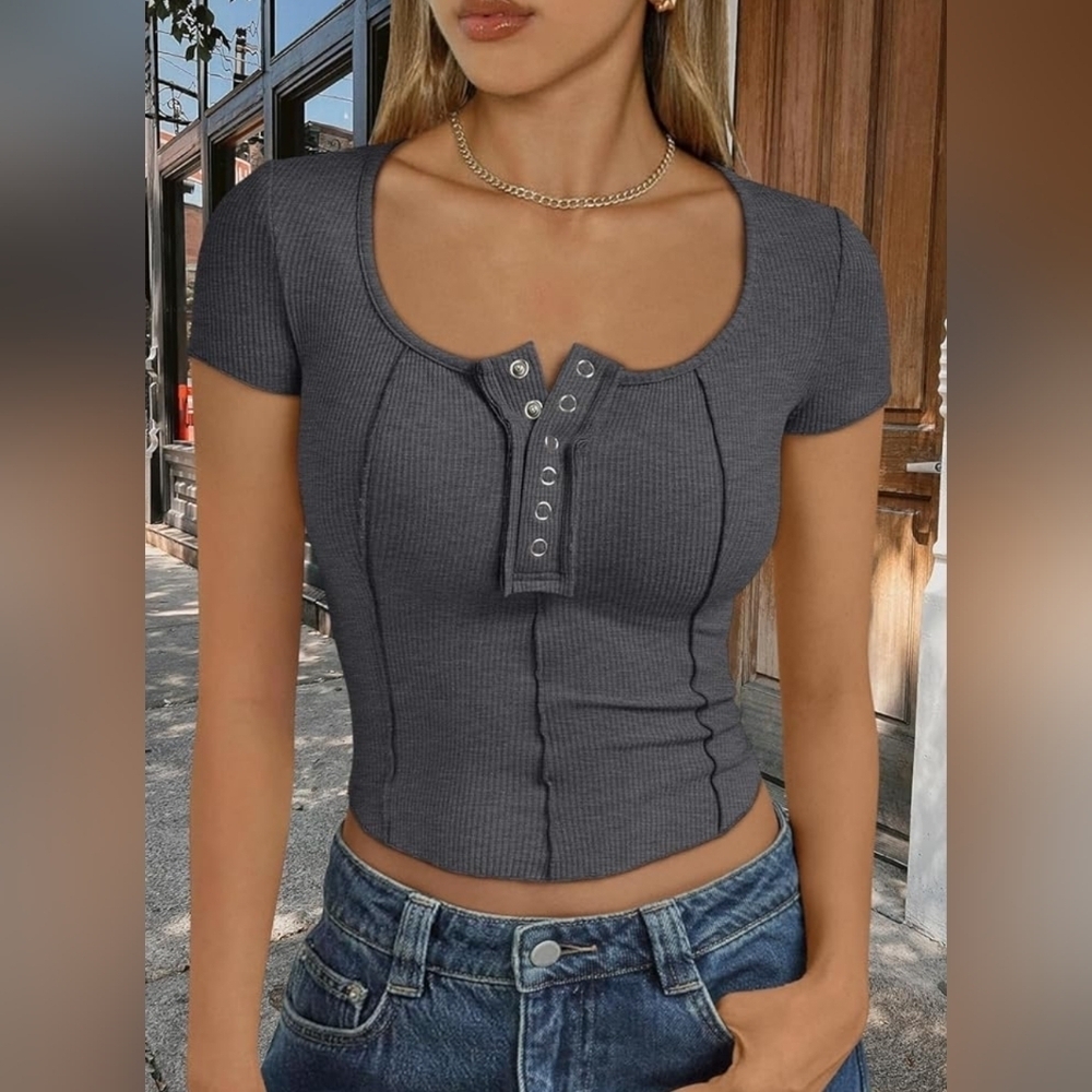 2 For $25 NEW! Charcoal Gray Ribbed Short Sleeve Top Size Large